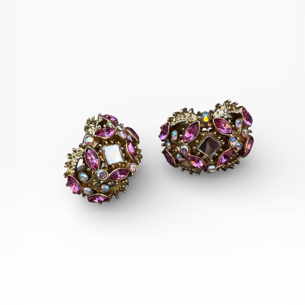 ST JOHN Vintage Gold and Pink Crystal Clip-on Earrings - Picture 5 of 10